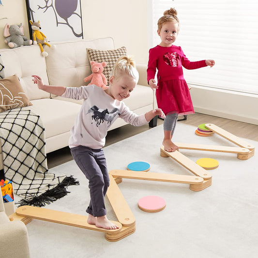 12-Piece Kids Wooden Balance Beam with Colorful Steeping Stones - LittleLullabyLoft