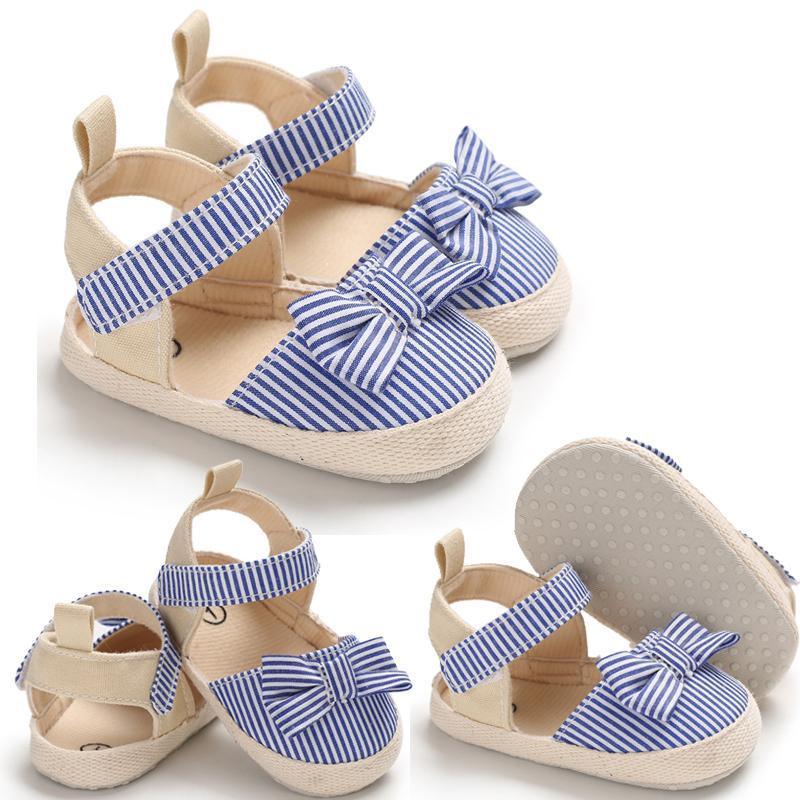 Newborn Infant Baby Summer Shoes Soft Crib Shoes Infants Anti-slip Striped Bowknot Pre Walker Sandals - LittleLullabyLoft