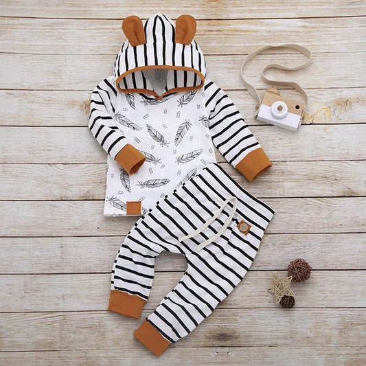 Newborn Baby Clothes Feather Rompers Tops Striped Pants Clothes Outfits Set For Girls And Boys - LittleLullabyLoft