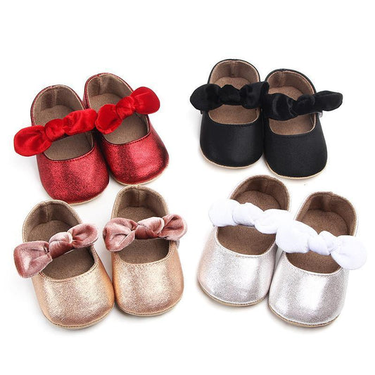 Baby Shoes Infant Girl First Walkers Bowknot Soft Rubber Sole Newborn Pre Walkers Shine Stylish Shoes - LittleLullabyLoft