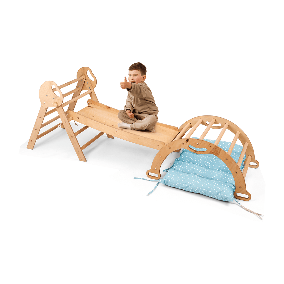 4in1 Montessori Climbing Set: Pikler Triangle, Arch, Slide Board, and Cushion for Toddlers (1–3 Years) - LittleLullabyLoft