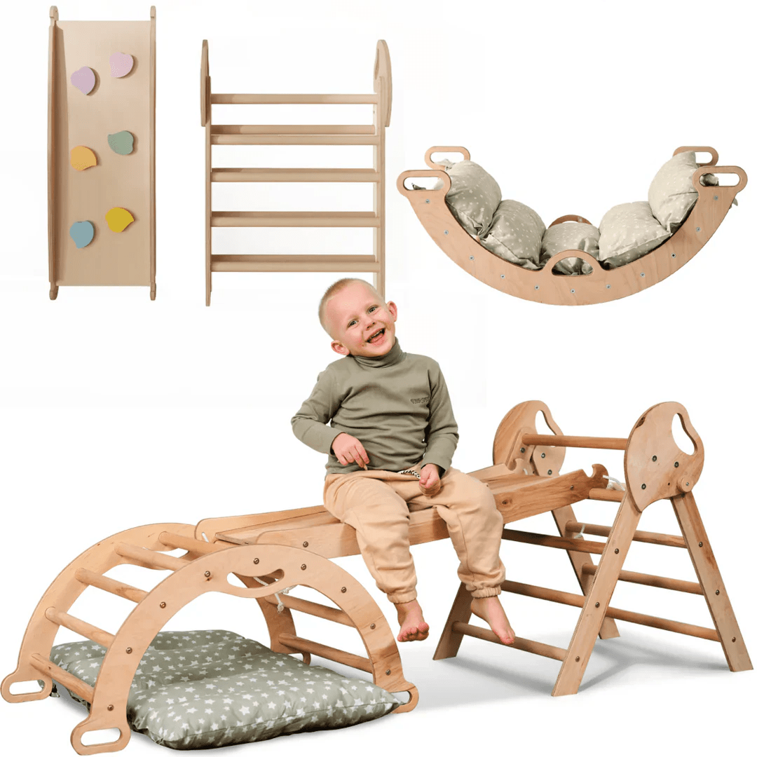 4in1 Montessori Climbing Set: Pikler Triangle, Arch, Slide Board, and Cushion for Toddlers (1–3 Years) - LittleLullabyLoft