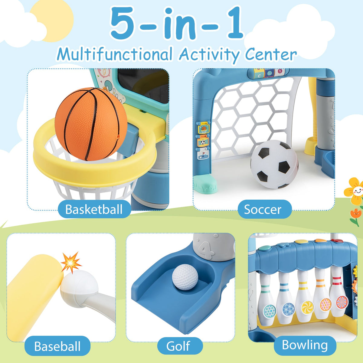5 in 1 Toddler Sports Toy with Adjustable Basketball Hoop for Baby Boys Girls 18 Months+ - LittleLullabyLoft