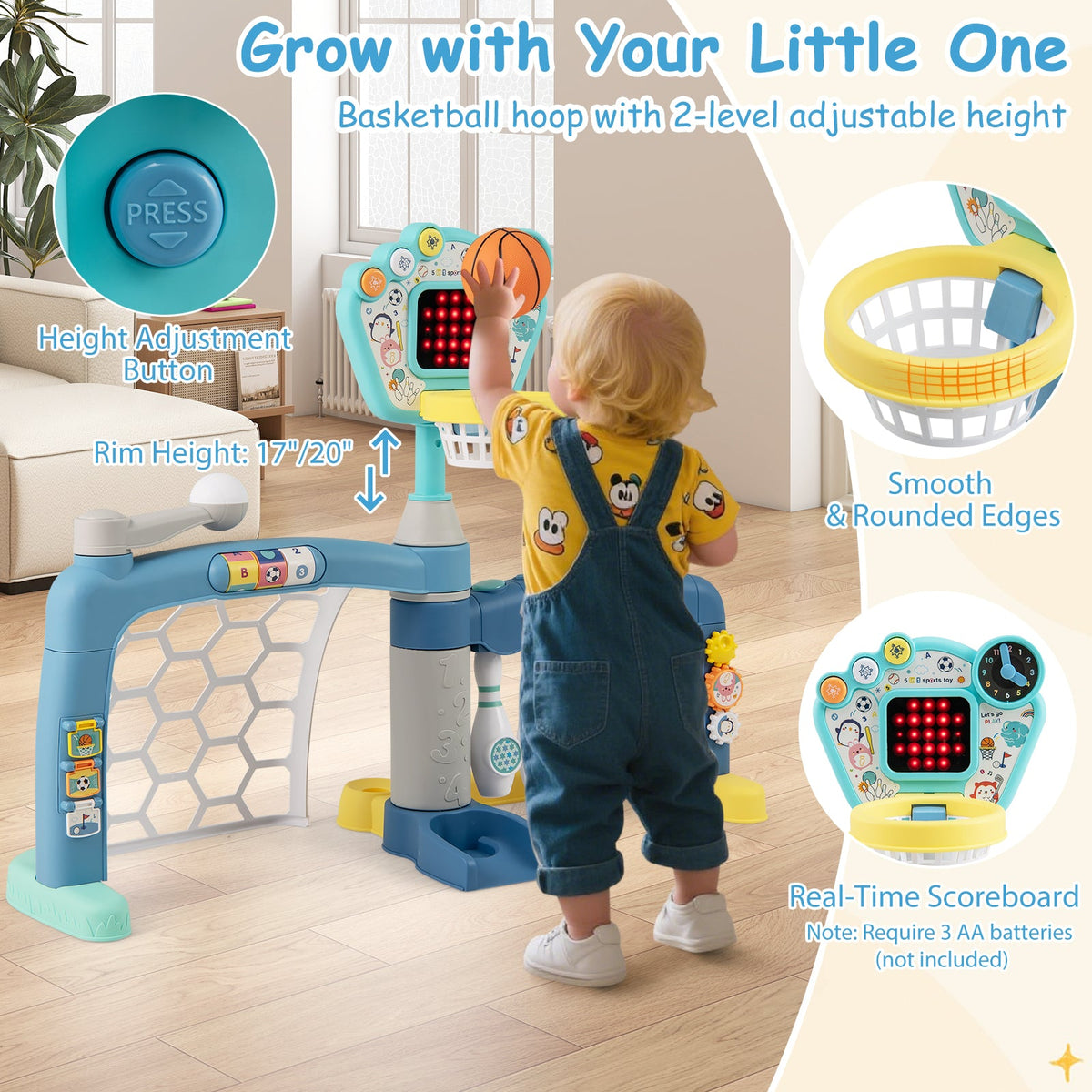 5 in 1 Toddler Sports Toy with Adjustable Basketball Hoop for Baby Boys Girls 18 Months+ - LittleLullabyLoft