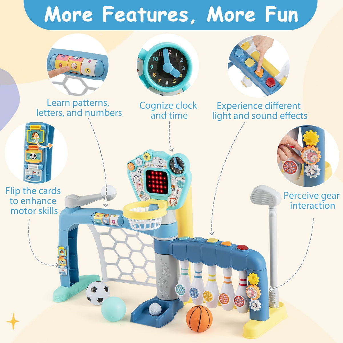 5 in 1 Toddler Sports Toy with Adjustable Basketball Hoop for Baby Boys Girls 18 Months+ - LittleLullabyLoft