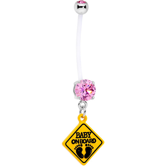 Pink CZ Gem Baby on Board Sign Dangle Pregnancy Belly Ring - LittleLullabyLoft