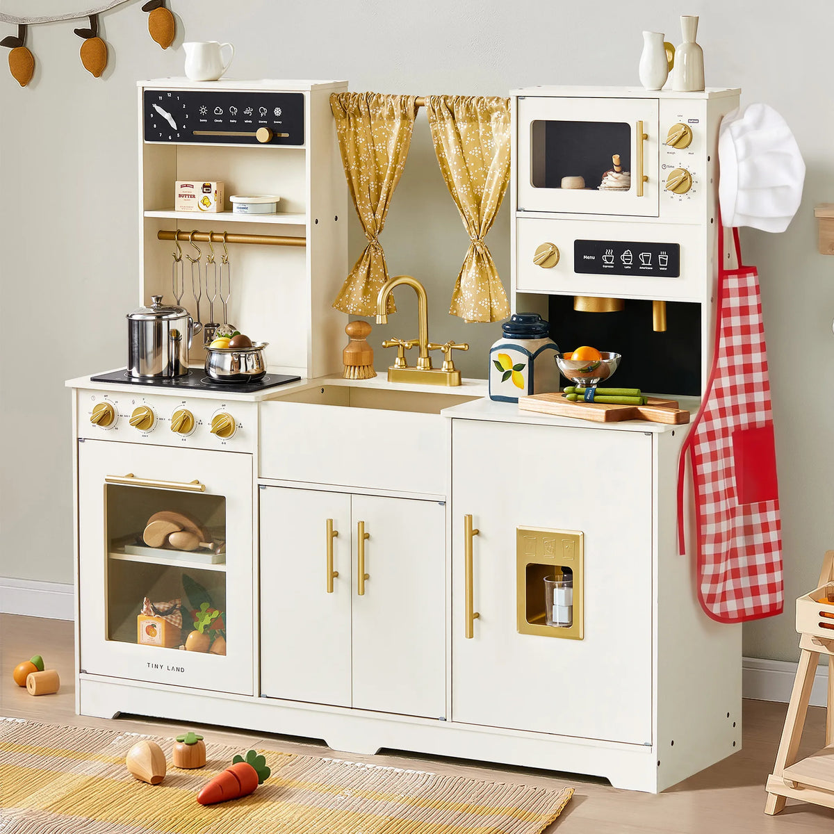 Tiny Land® Iconic Wooden Play Kitchen – Cream Pretend Cooking Set for Kids - LittleLullabyLoft
