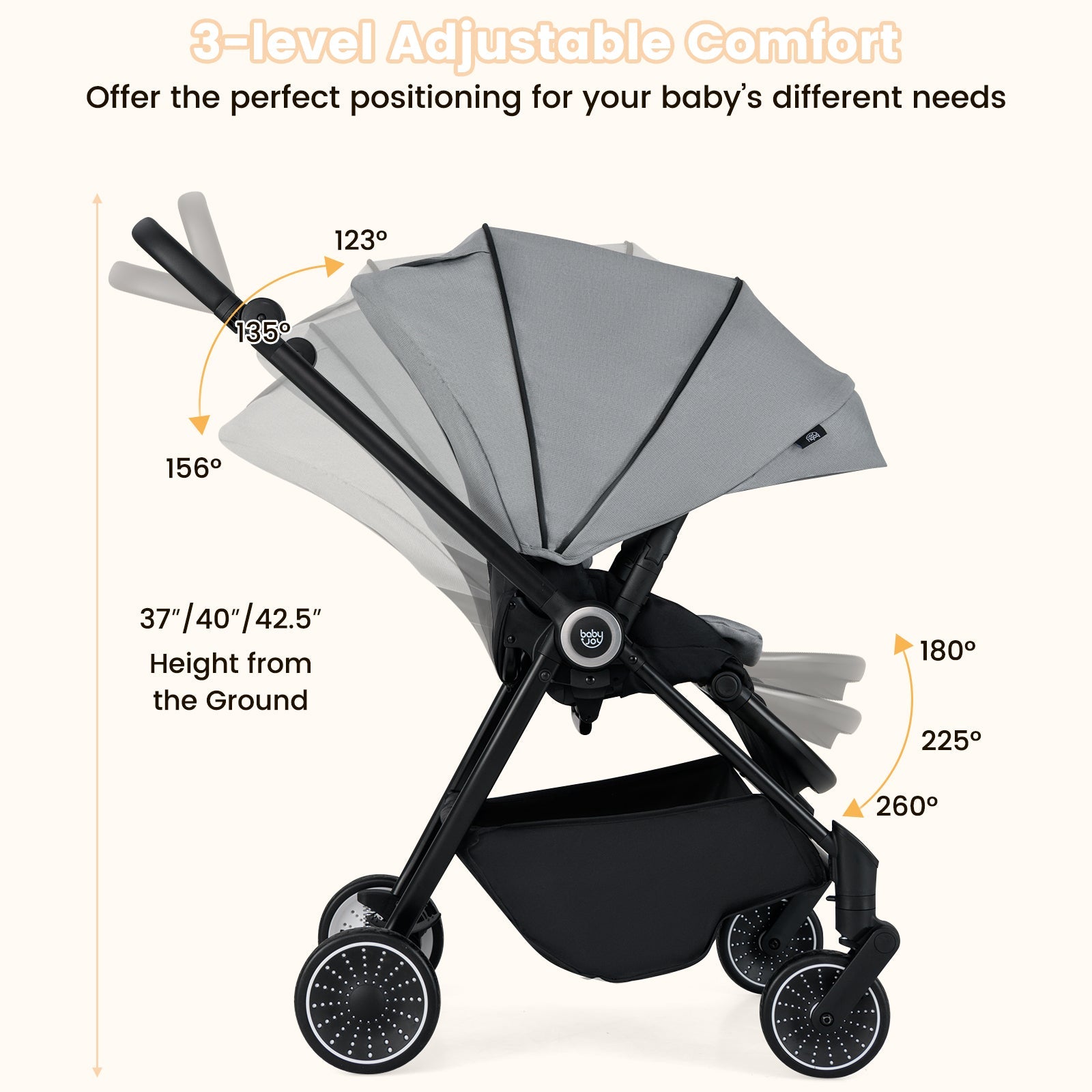 Foldable Infant Pram Stroller with Reversible Reclining Seat