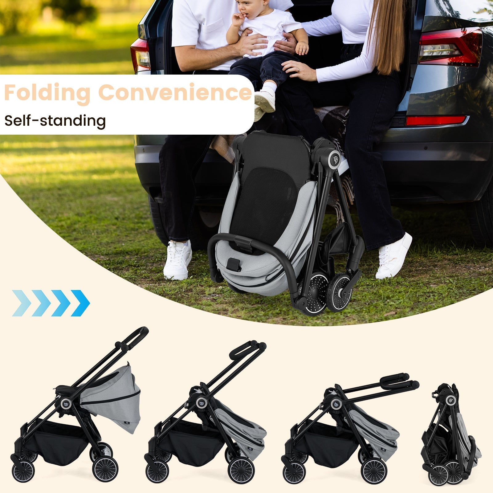 Foldable Infant Pram Stroller with Reversible Reclining Seat
