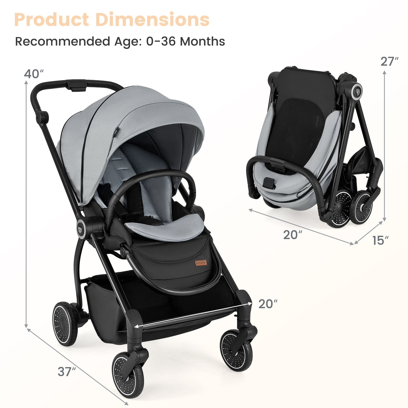 Foldable Infant Pram Stroller with Reversible Reclining Seat