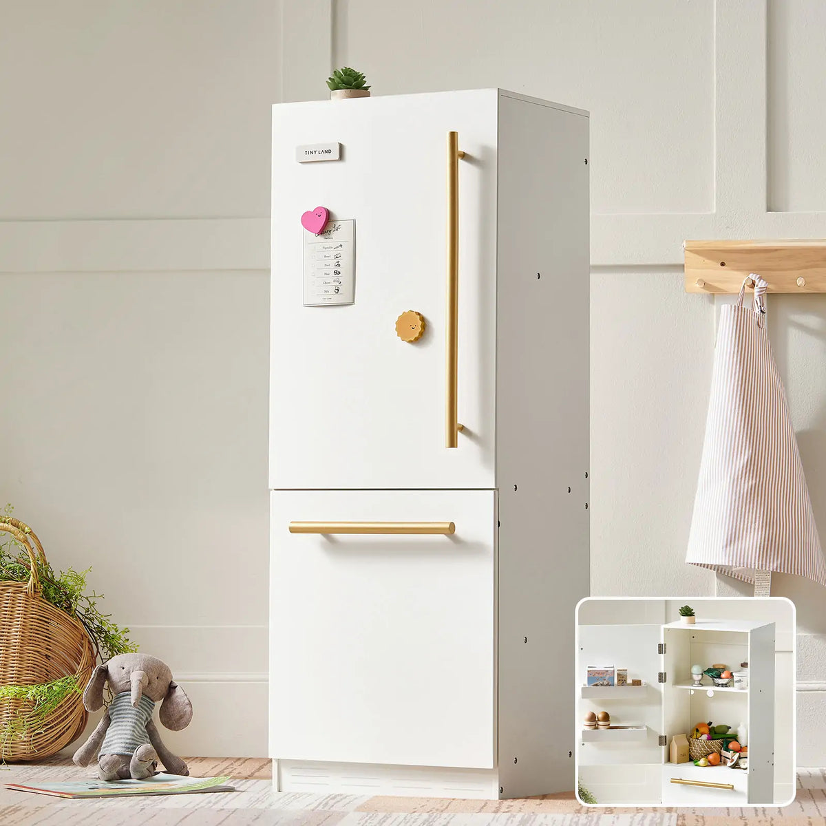 Tiny Land® Play Kitchen Accessories – Play Kitchen Fridge: Wooden Cabinet Refrigerator for Kids - LittleLullabyLoft
