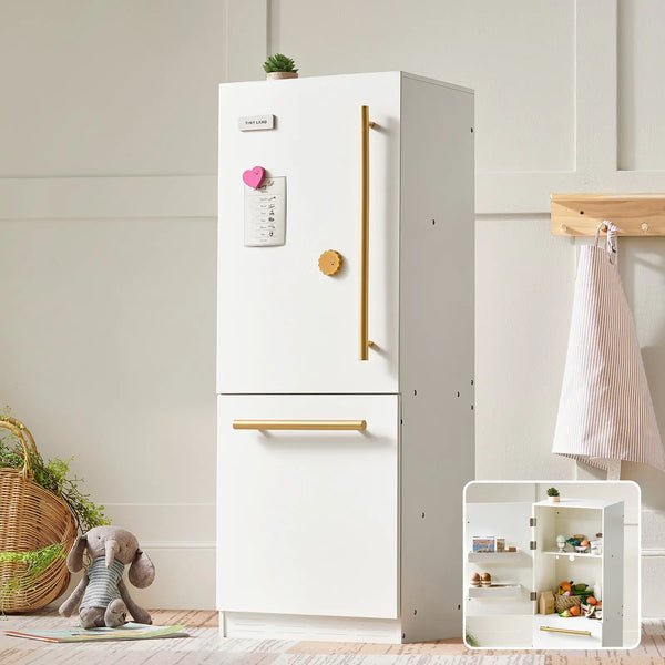 Tiny Land® Play Kitchen Accessories – Play Kitchen Fridge: Wooden Cabinet Refrigerator for Kids