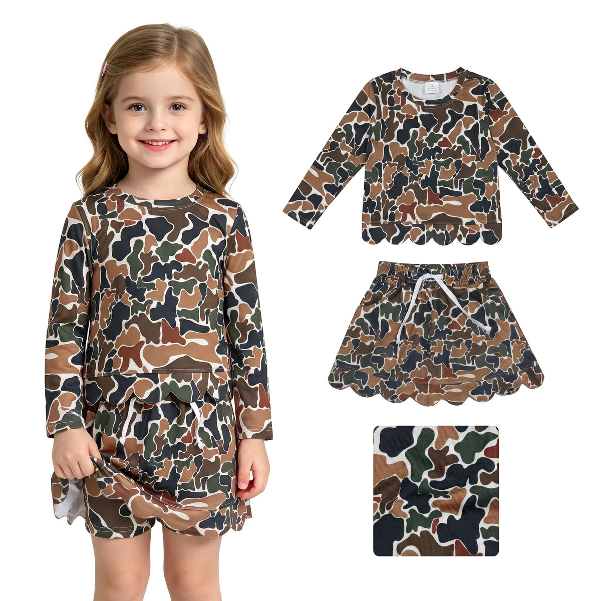 Long sleeves brown camo scallop top skirt girls outfit - LittleLullabyLoft
