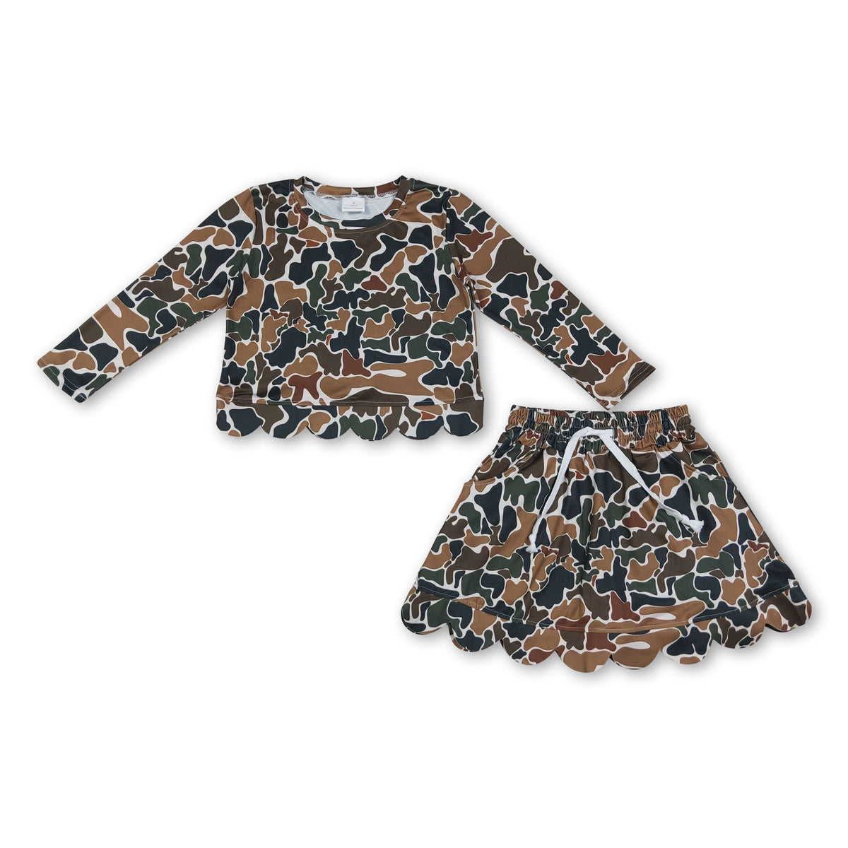 Long sleeves brown camo scallop top skirt girls outfit - LittleLullabyLoft