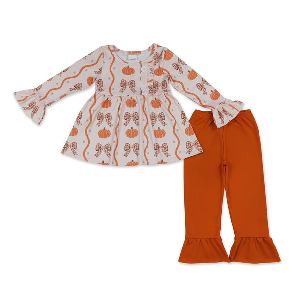 Pumpkin bow tunic ruffle pants girls fall clothing set