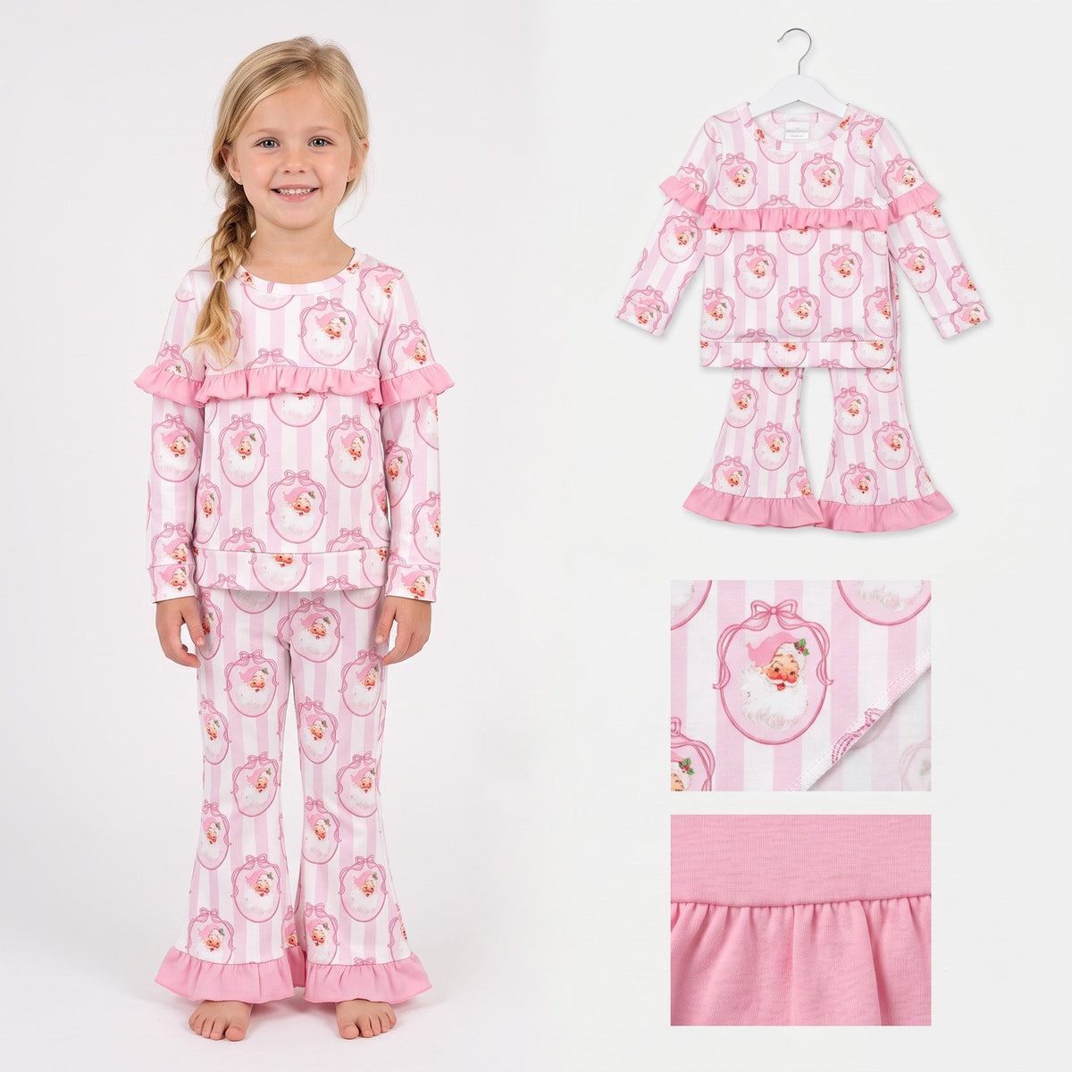 Pink ruffle stripe santa bow kids girls Christmas outfits - LittleLullabyLoft