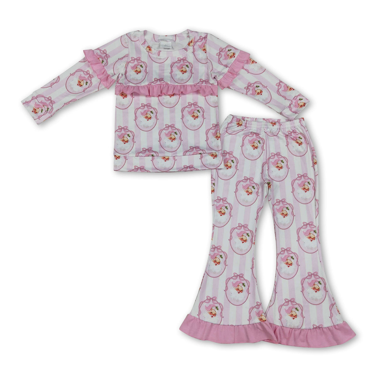 Pink ruffle stripe santa bow kids girls Christmas outfits - LittleLullabyLoft