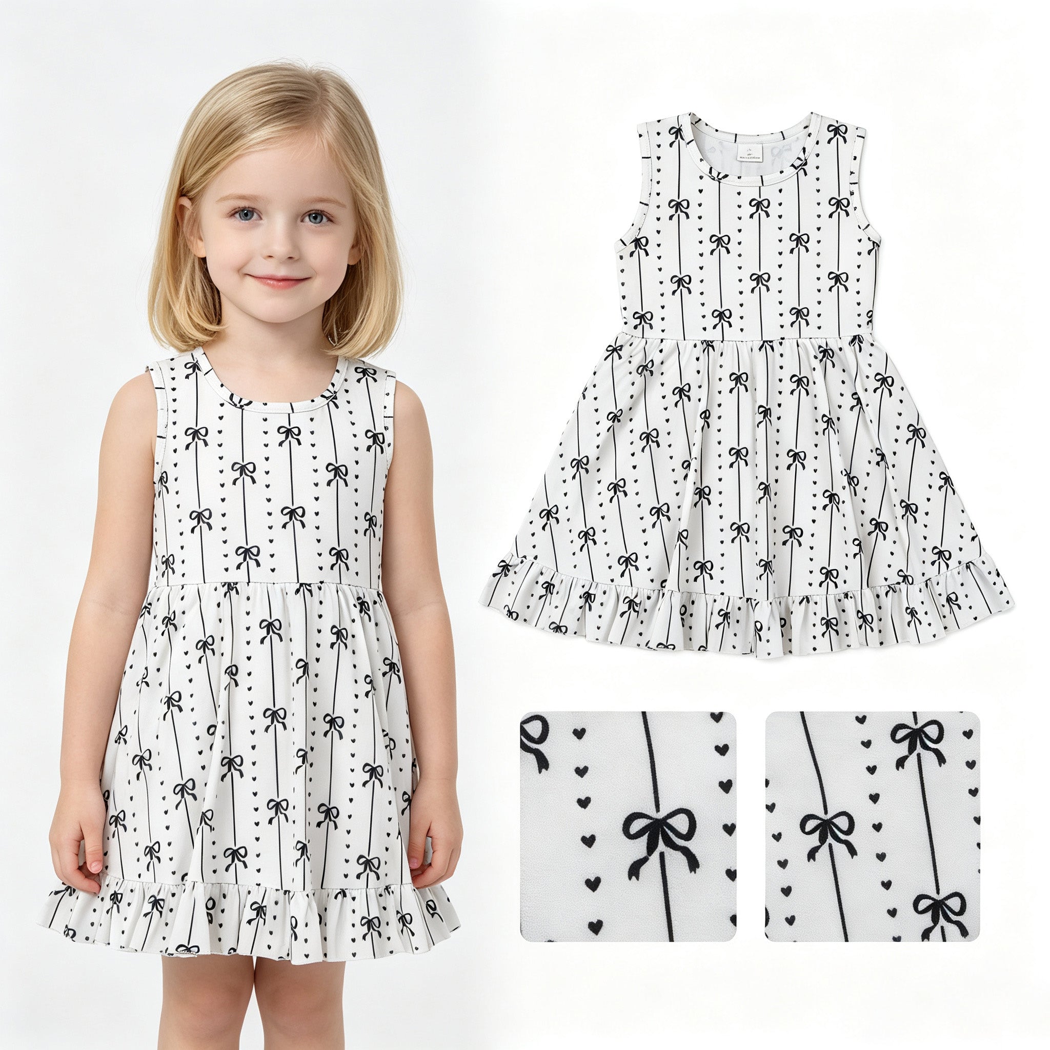 Sleeveless black bow heart ruffle kids girls dresses