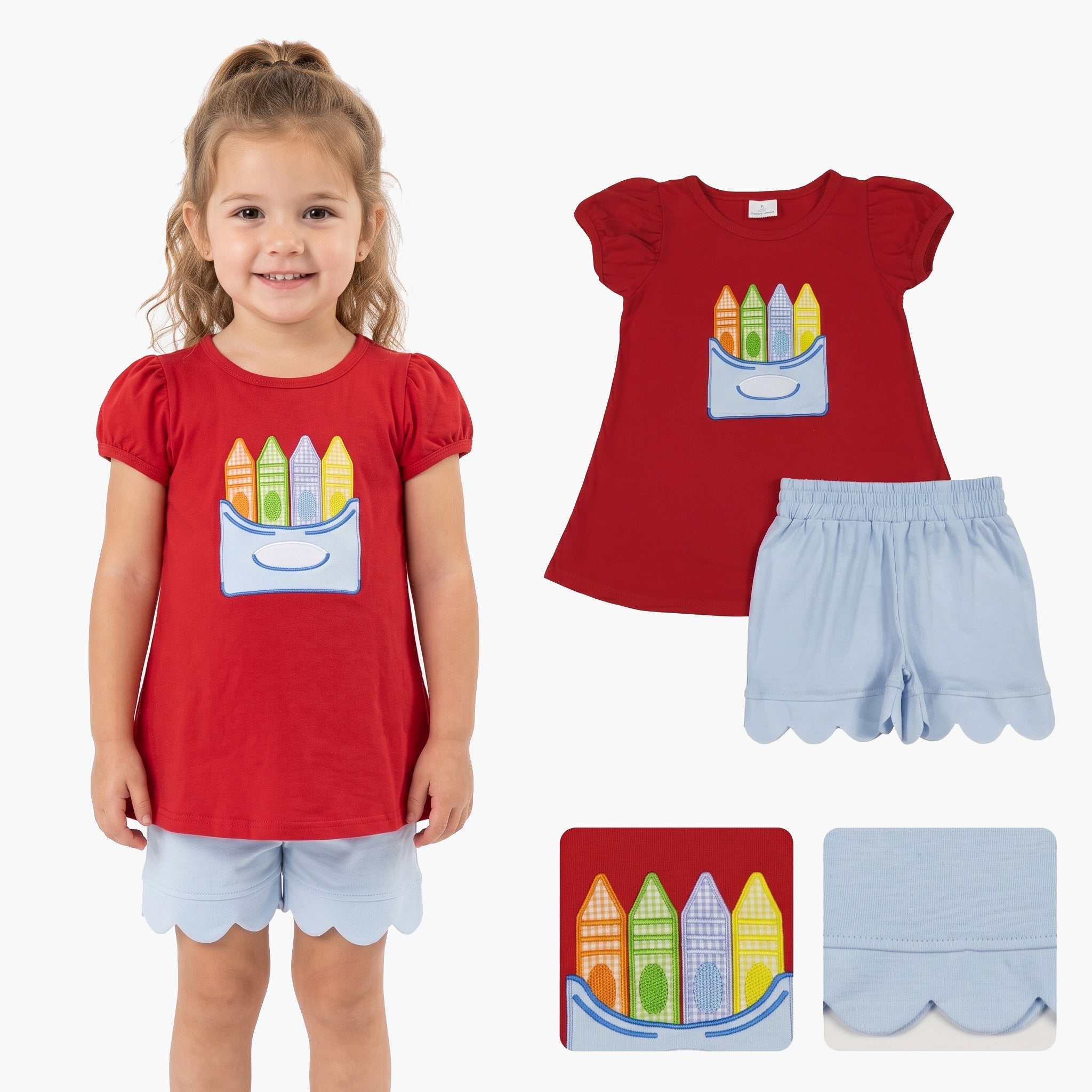 Red crayon top scallop shorts girls back to school outfits