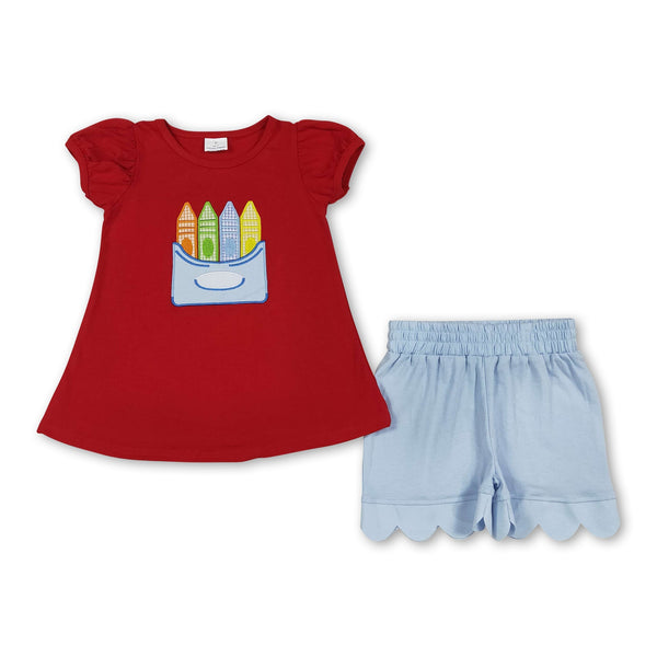 Red crayon top scallop shorts girls back to school outfits