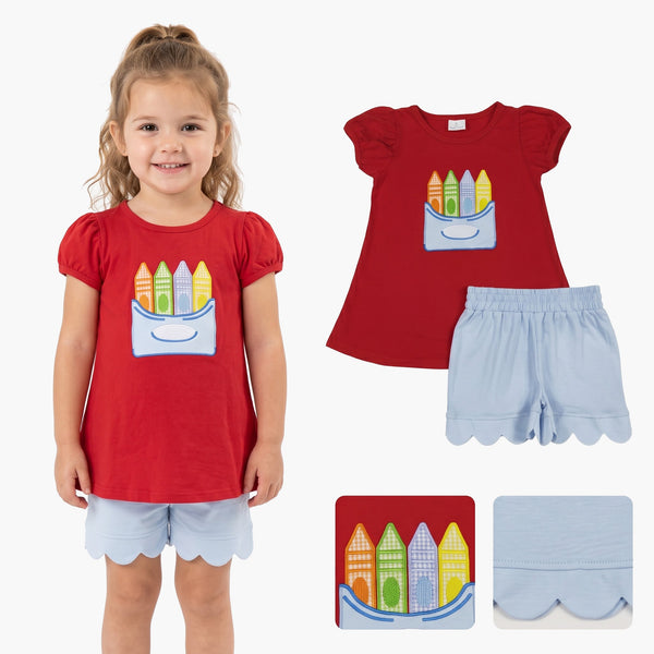 Red crayon top scallop shorts girls back to school outfits