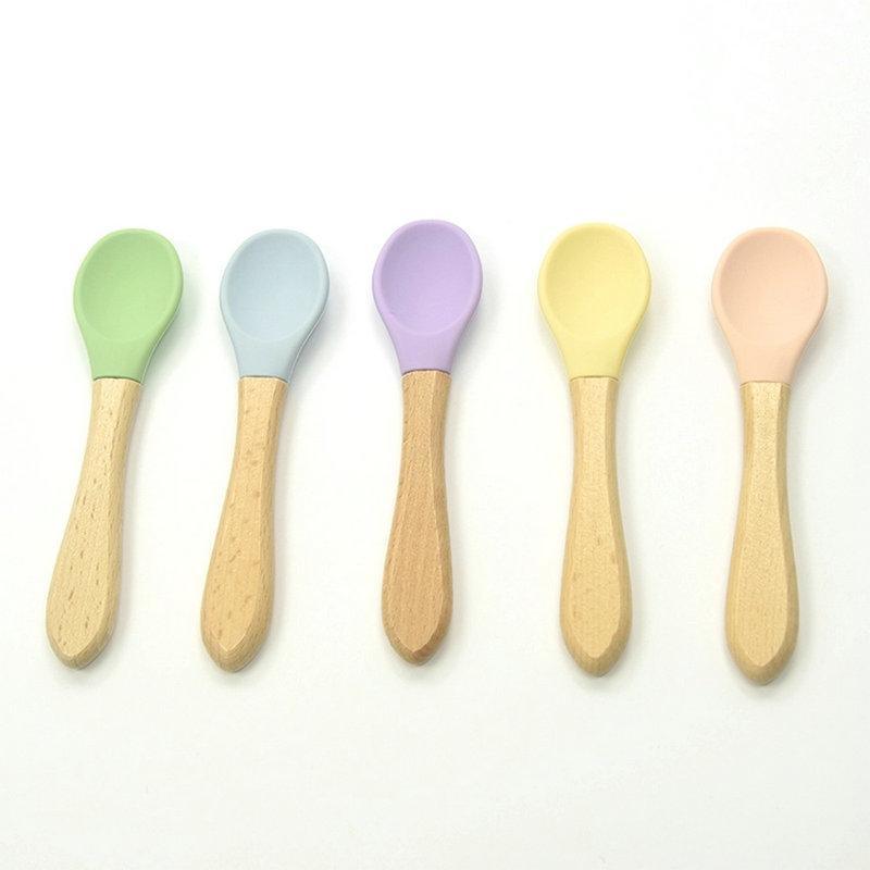 2PCS  Bamboo Training Spoons Organic Soft Baby Feeding Silicone Tip Spoon Scoop Easy Grip Handle Toddlers Infant Gifts For Parents And Baby Boys Or Girls - LittleLullabyLoft