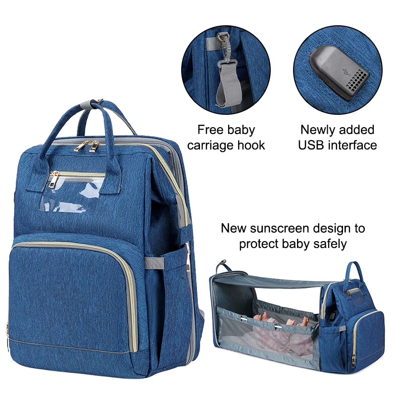 USB Diaper Backpack with Foldable Baby Bed Changing Mat