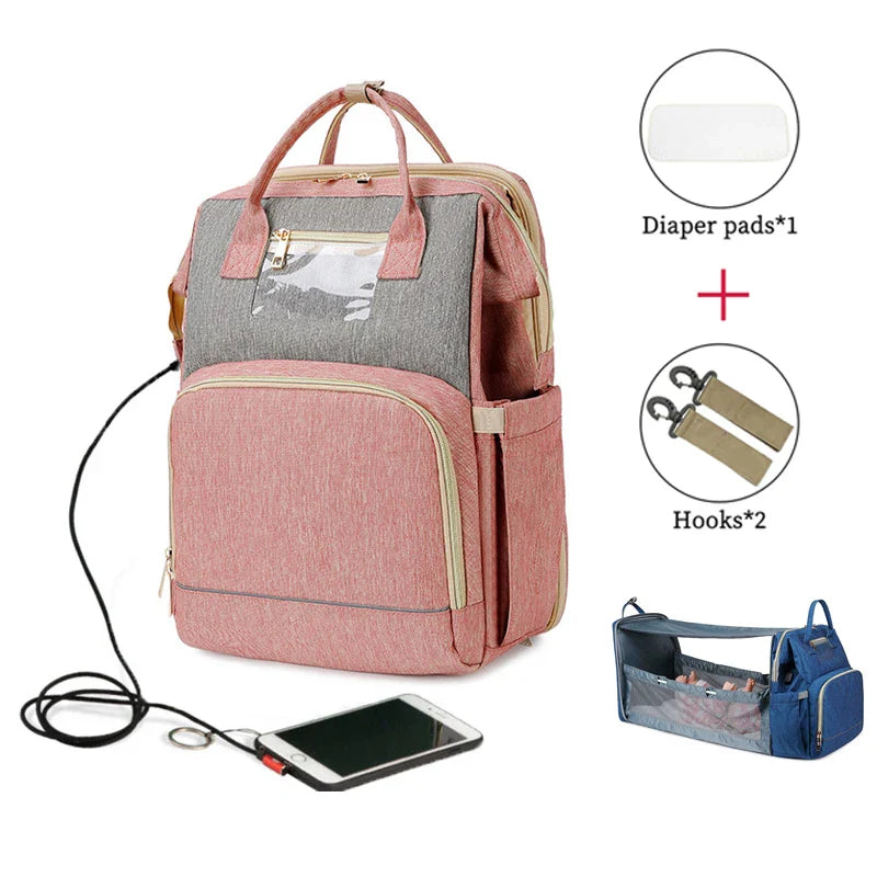 USB Diaper Backpack with Foldable Baby Bed Changing Mat
