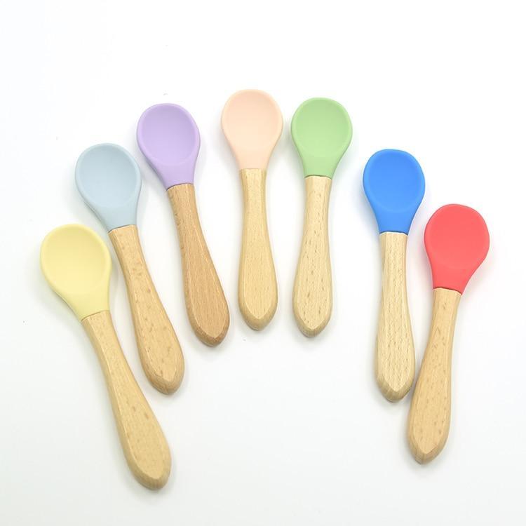 2PCS  Bamboo Training Spoons Organic Soft Baby Feeding Silicone Tip Spoon Scoop Easy Grip Handle Toddlers Infant Gifts For Parents And Baby Boys Or Girls - LittleLullabyLoft