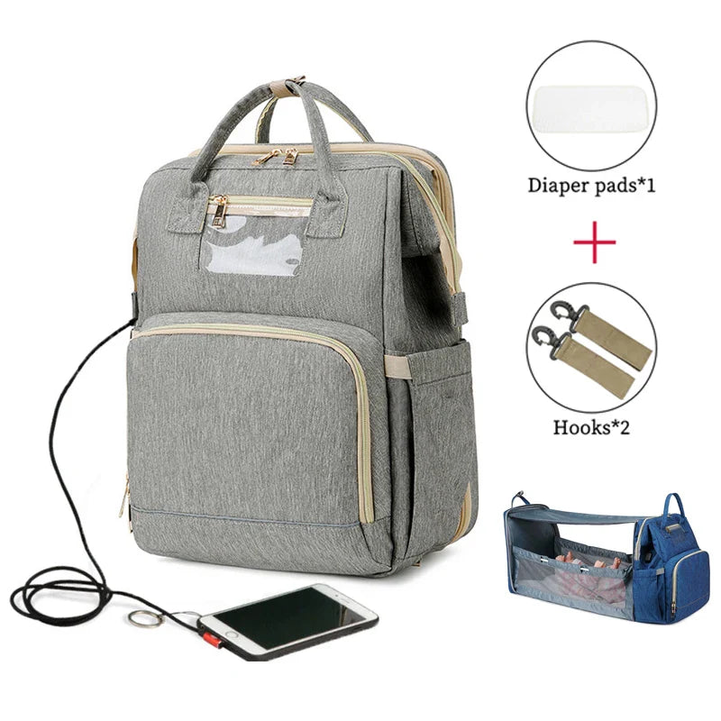 USB Diaper Backpack with Foldable Baby Bed Changing Mat