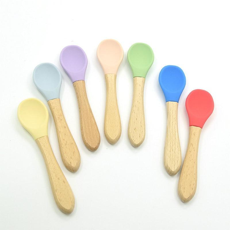 2PCS  Bamboo Training Spoons Organic Soft Baby Feeding Silicone Tip Spoon Scoop Easy Grip Handle Toddlers Infant Gifts For Parents And Baby Boys Or Girls - LittleLullabyLoft