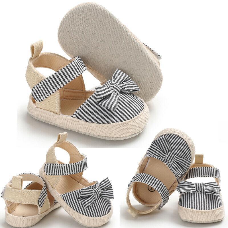 Newborn Infant Baby Summer Shoes Soft Crib Shoes Infants Anti-slip  Striped Bowknot Pre Walker Sandals - LittleLullabyLoft