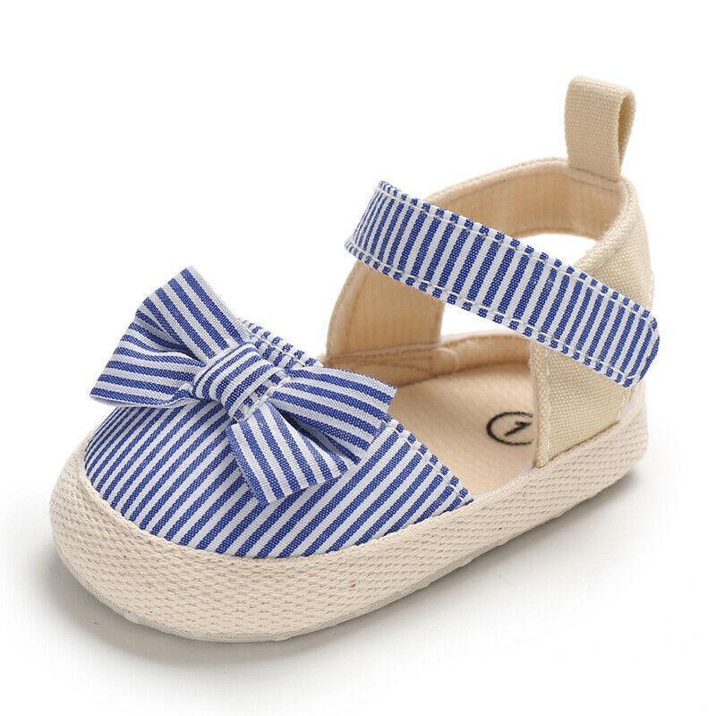 Newborn Infant Baby Summer Shoes Soft Crib Shoes Infants Anti-slip  Striped Bowknot Pre Walker Sandals - LittleLullabyLoft