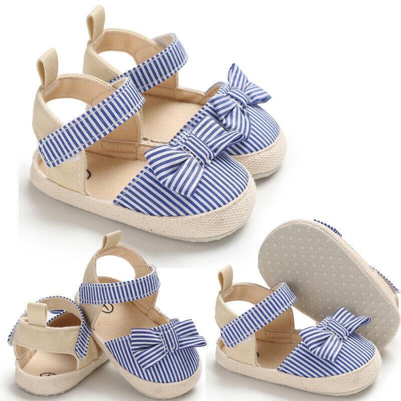 Newborn Infant Baby Summer Shoes Soft Crib Shoes Infants Anti-slip  Striped Bowknot Pre Walker Sandals - LittleLullabyLoft