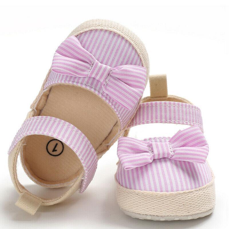 Newborn Infant Baby Summer Shoes Soft Crib Shoes Infants Anti-slip  Striped Bowknot Pre Walker Sandals - LittleLullabyLoft