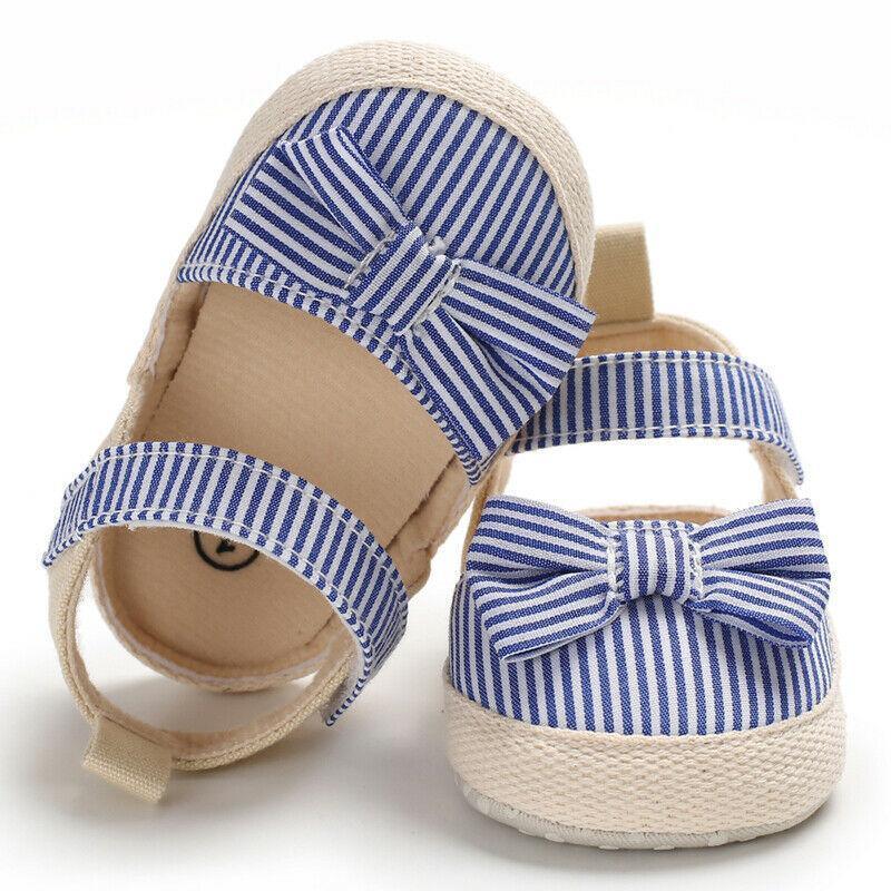 Newborn Infant Baby Summer Shoes Soft Crib Shoes Infants Anti-slip  Striped Bowknot Pre Walker Sandals - LittleLullabyLoft