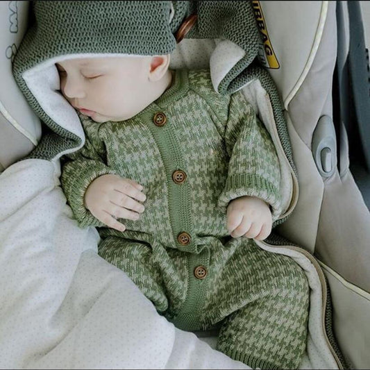 Knitted Newborn Baby Clothes Cotton Baby Romper With Plaid Hat Infant Toddler Jumpsuit For Girls And Boys - LittleLullabyLoft