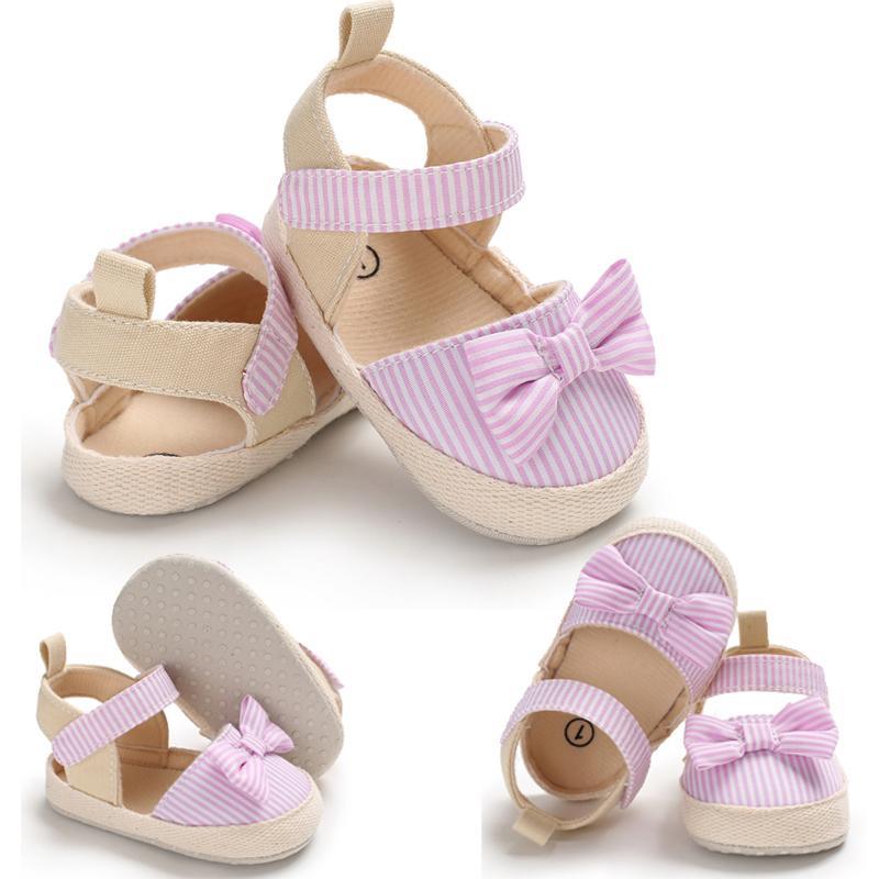 Newborn Infant Baby Summer Shoes Soft Crib Shoes Infants Anti-slip  Striped Bowknot Pre Walker Sandals - LittleLullabyLoft