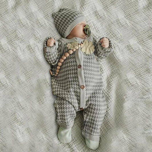 Knitted Newborn Baby Clothes Cotton Baby Romper With Plaid Hat Infant Toddler Jumpsuit For Girls And Boys - LittleLullabyLoft