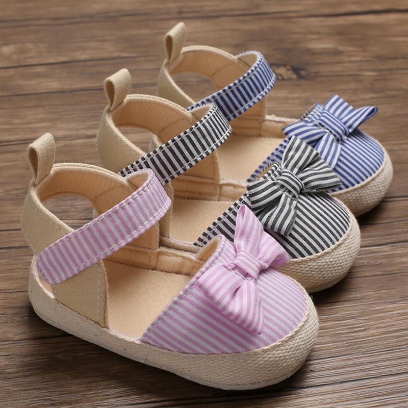Newborn Infant Baby Summer Shoes Soft Crib Shoes Infants Anti-slip  Striped Bowknot Pre Walker Sandals - LittleLullabyLoft