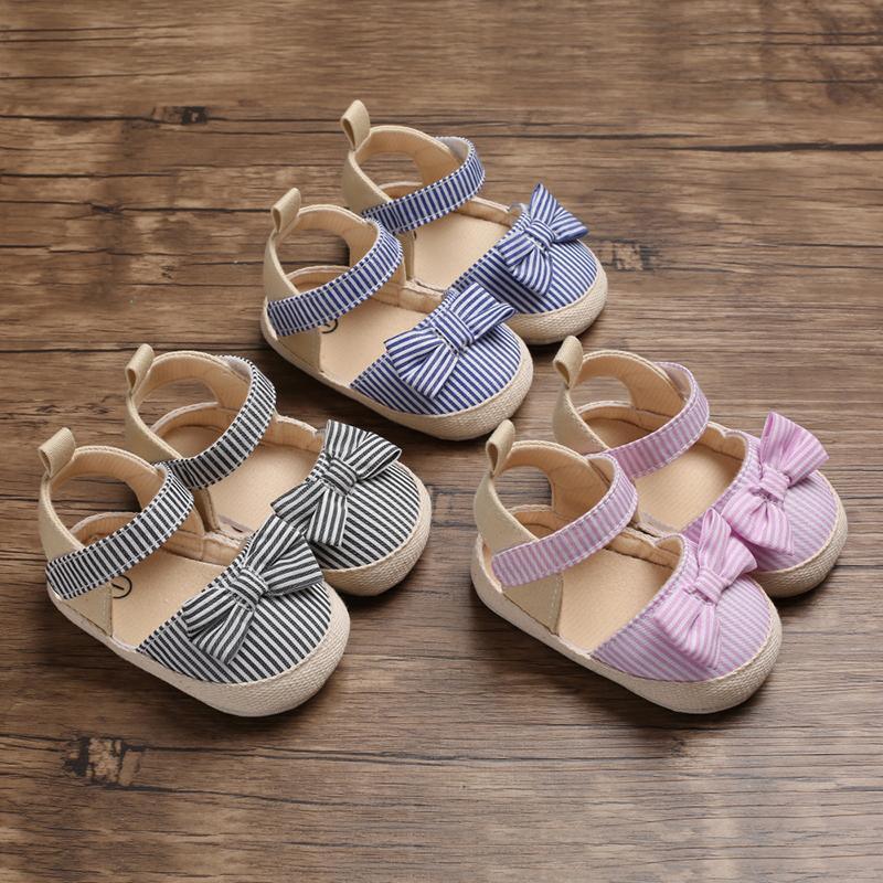 Newborn Infant Baby Summer Shoes Soft Crib Shoes Infants Anti-slip  Striped Bowknot Pre Walker Sandals - LittleLullabyLoft