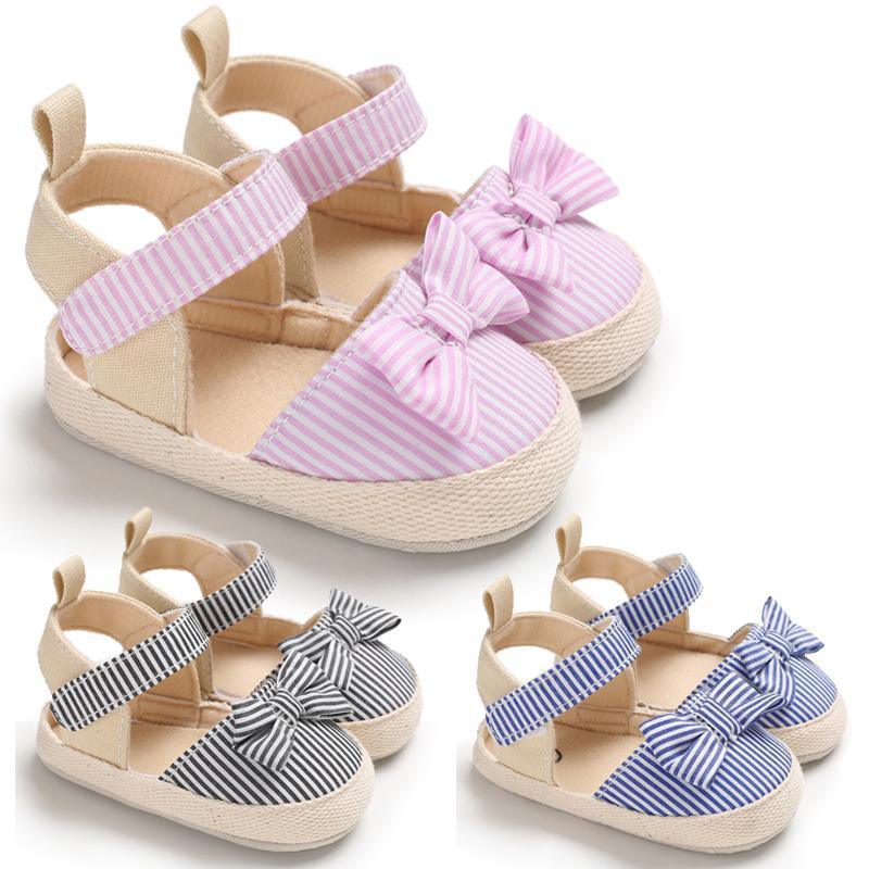 Newborn Infant Baby Summer Shoes Soft Crib Shoes Infants Anti-slip  Striped Bowknot Pre Walker Sandals - LittleLullabyLoft