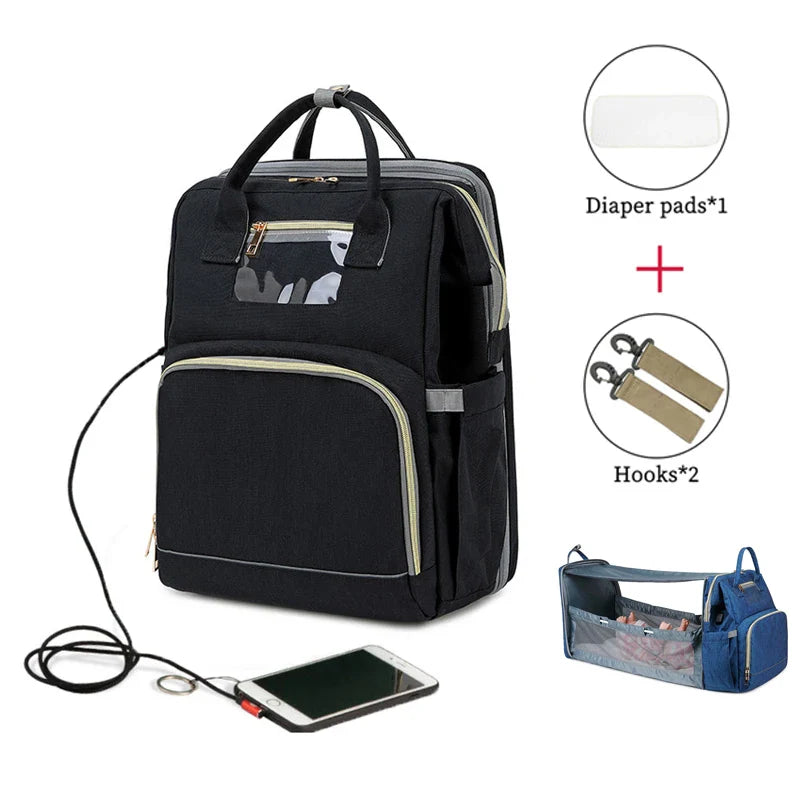 USB Diaper Backpack with Foldable Baby Bed Changing Mat