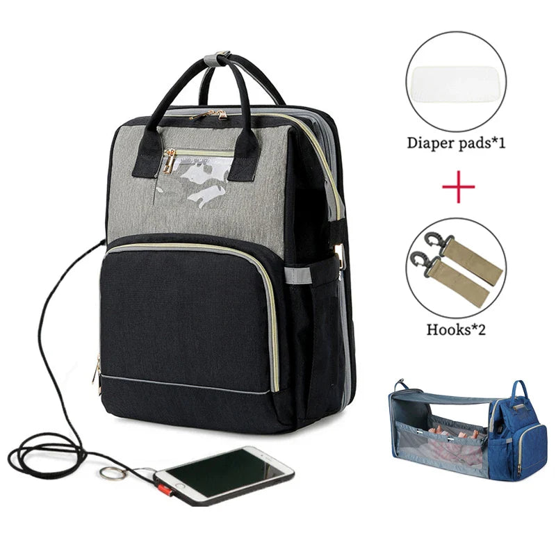 USB Diaper Backpack with Foldable Baby Bed Changing Mat