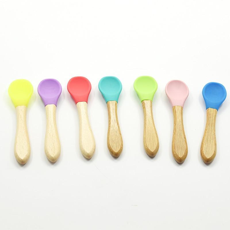 2PCS  Bamboo Training Spoons Organic Soft Baby Feeding Silicone Tip Spoon Scoop Easy Grip Handle Toddlers Infant Gifts For Parents And Baby Boys Or Girls - LittleLullabyLoft