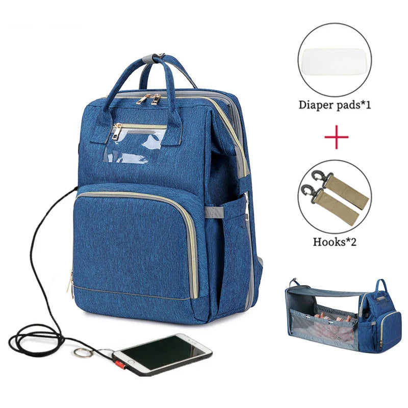 USB Diaper Backpack with Foldable Baby Bed Changing Mat