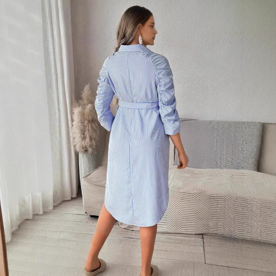 Women's Striped Lapel Button Casual Maternity Shirt Dress