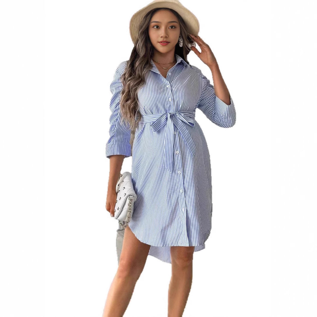 Women's Striped Lapel Button Casual Maternity Shirt Dress