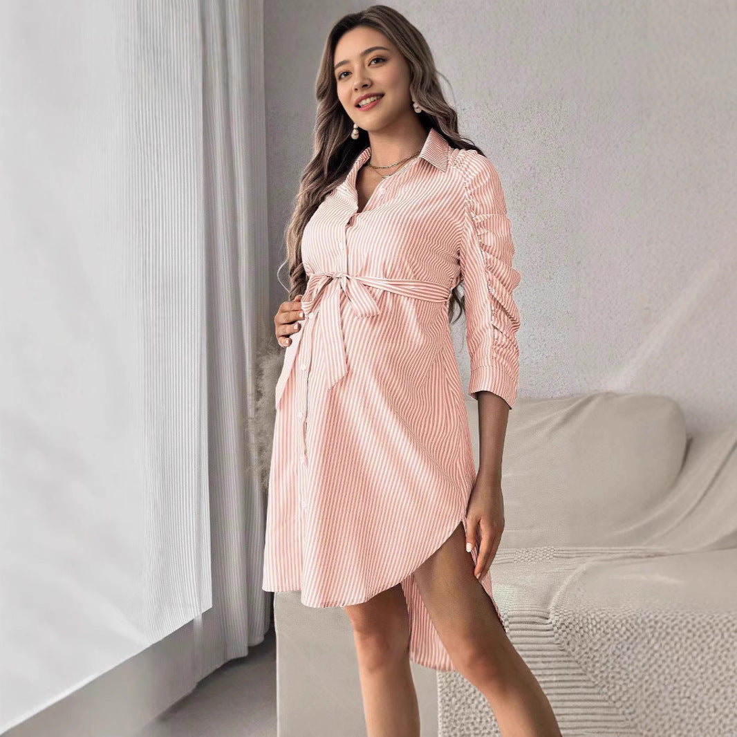 Women's Striped Lapel Button Casual Maternity Shirt Dress