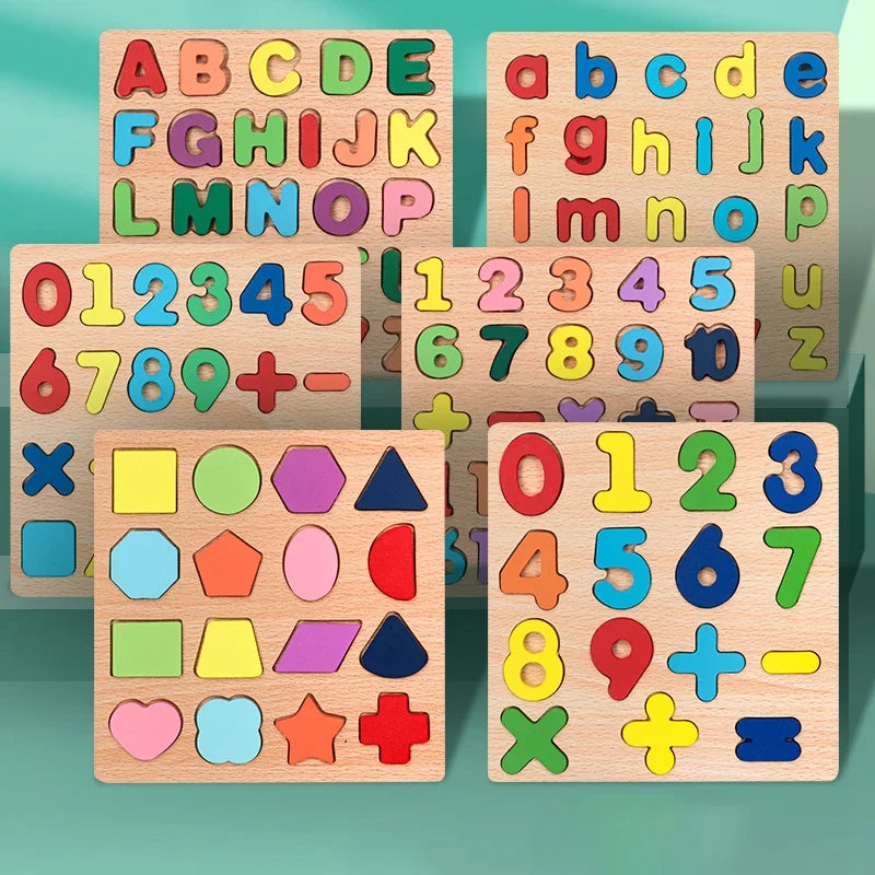 Kids Alphabetic Arithmetic Number Geometric Shapes Wooden Puzzle Montessori Preschool Learning Educational Game Toy for Children - LittleLullabyLoft